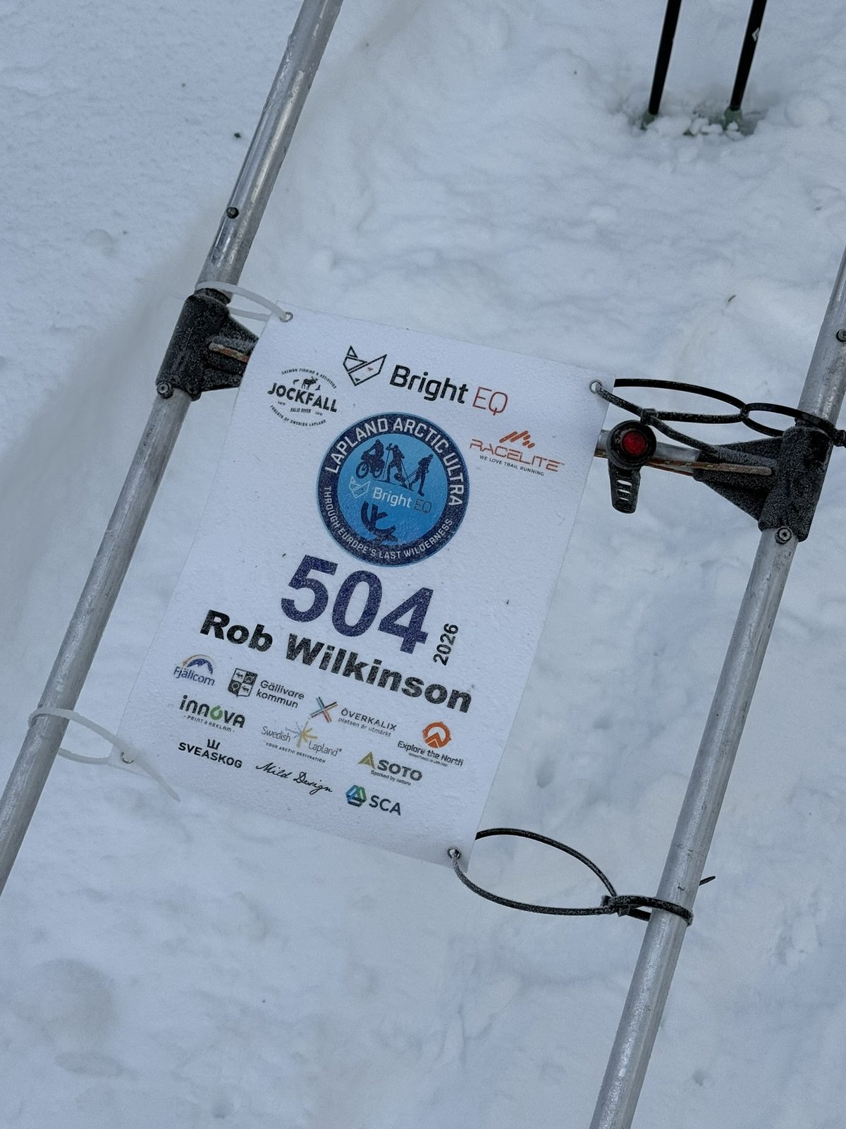 Lapland Arctic Ultra 2026: race number 504, cable-tied on. No backing out now