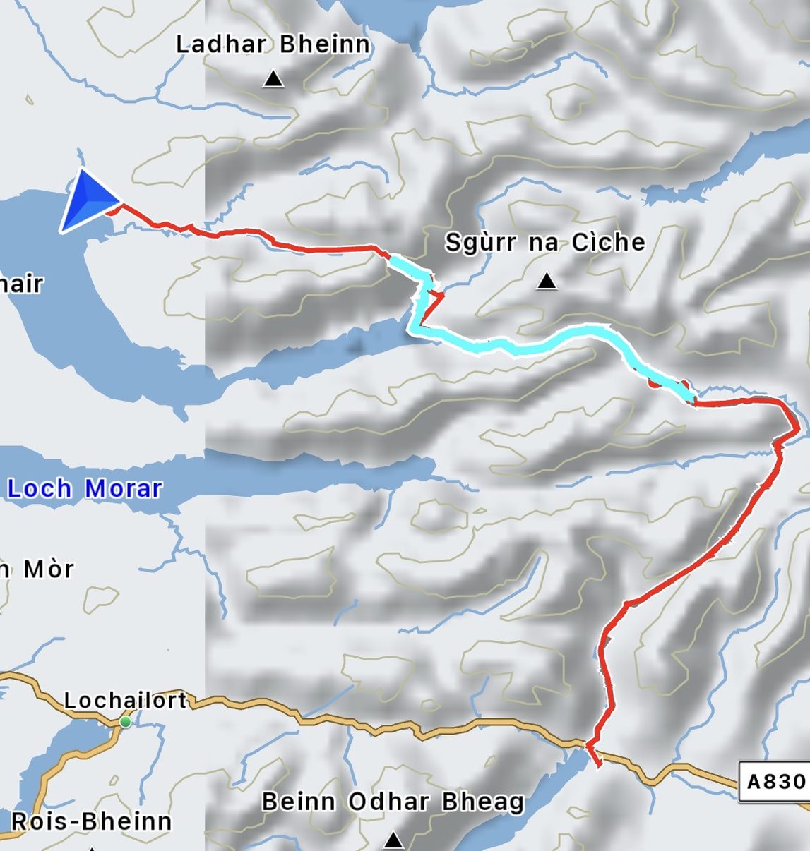 Route map: from the A830 north to A’ Chuil, then west past Sgùrr na Cìche to Inverie
